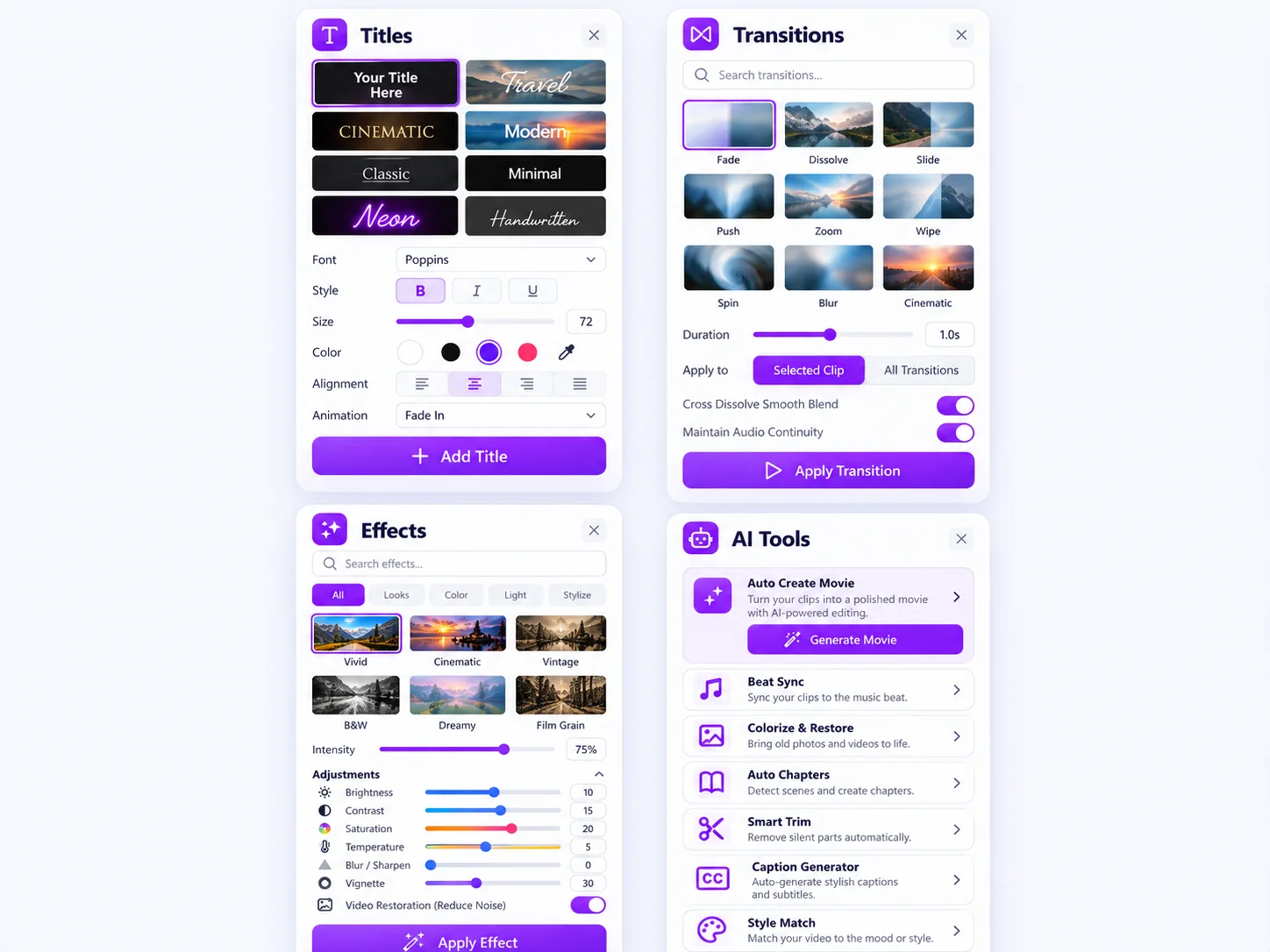 Editor Design — Titles, Transitions, Effects & AI